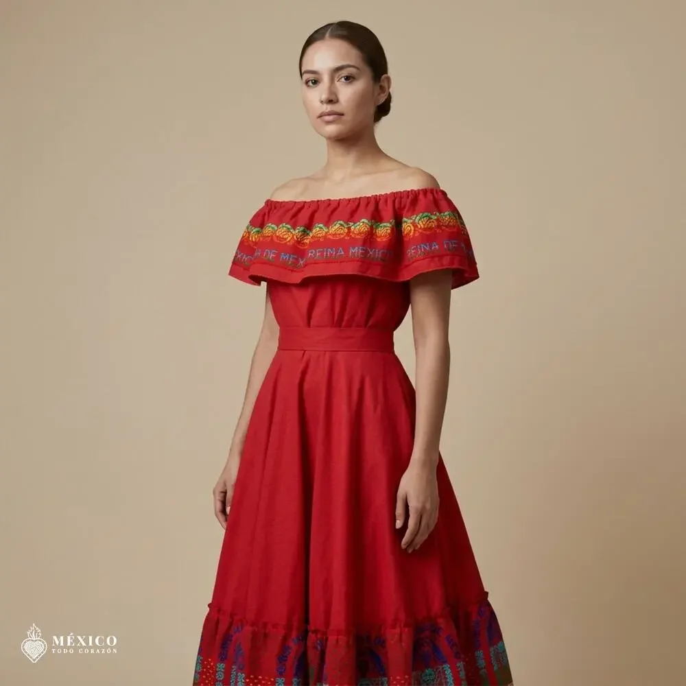 Traditional Mexican 3-Piece Cambaya Dress Set with Matching Rebozo Handmade